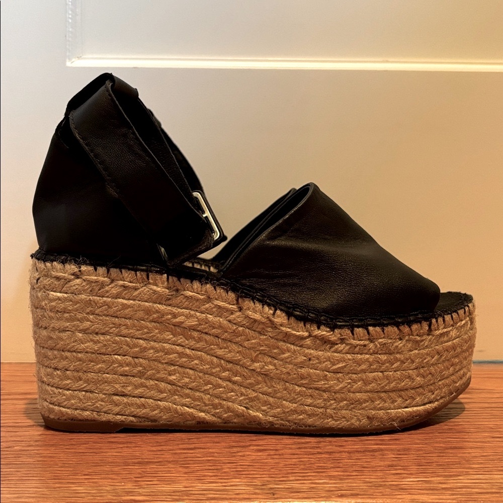 Free People Coastal Platform Open Toe Wedge Sandals in black with ankle straps
